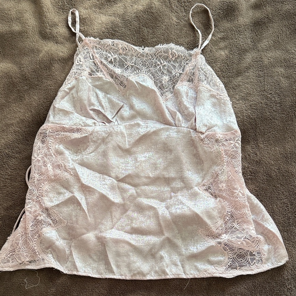 Free People Pale Pink Lace Trim Satin Tank Top